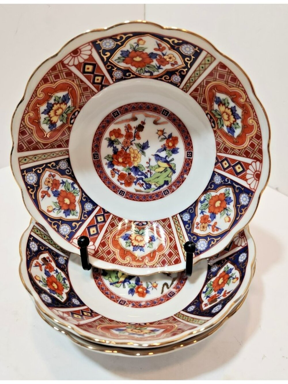 Vtg Heygill Imari Bowls Set of 3 Floral Fan Red Blue Gold Trim